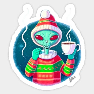 Christmas Funny Alien Drinking Coffee Wearing Sweater Sticker